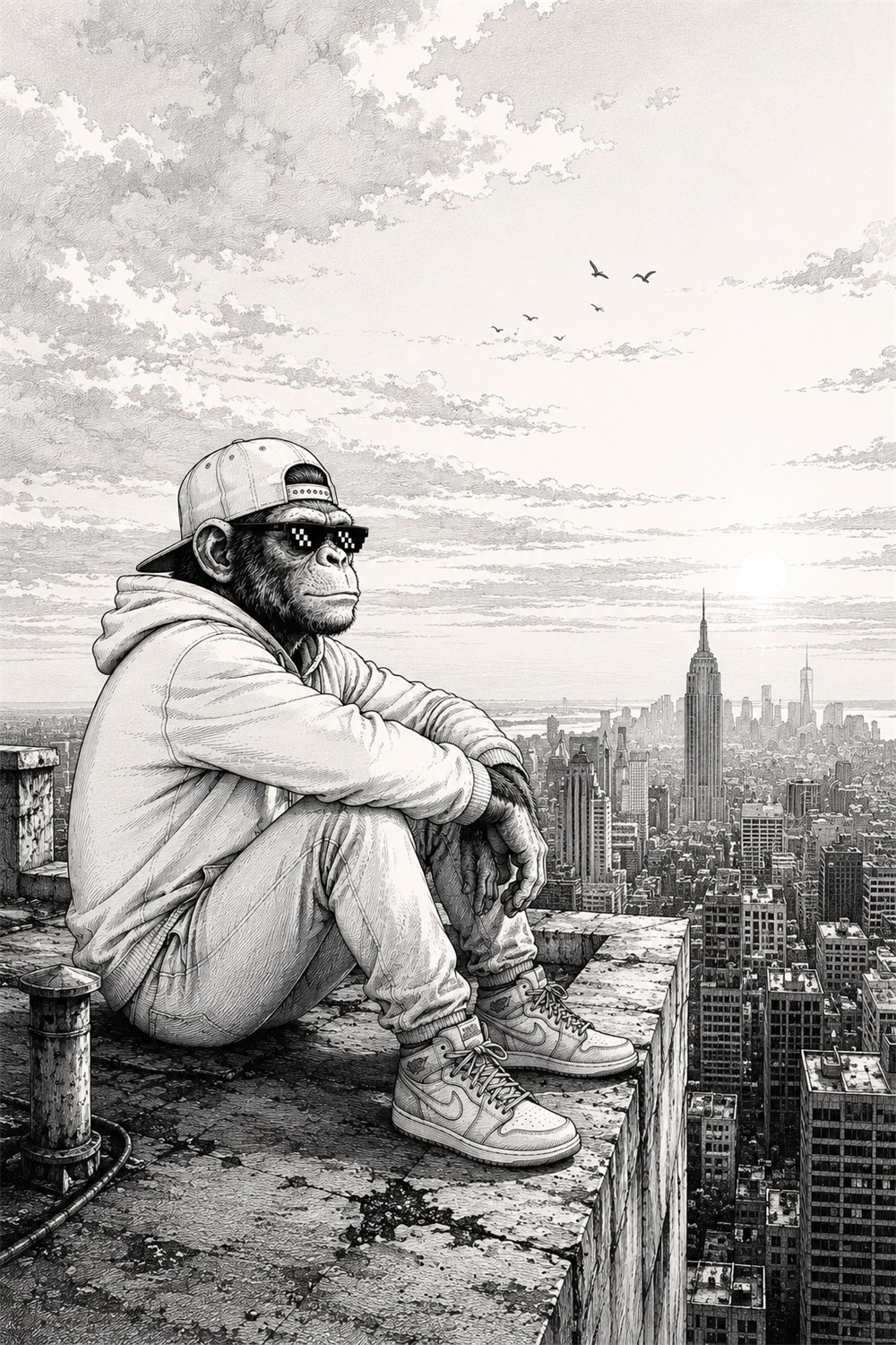 The ape sitting on a rooftop ledge, looking out over a city skyline at dawn