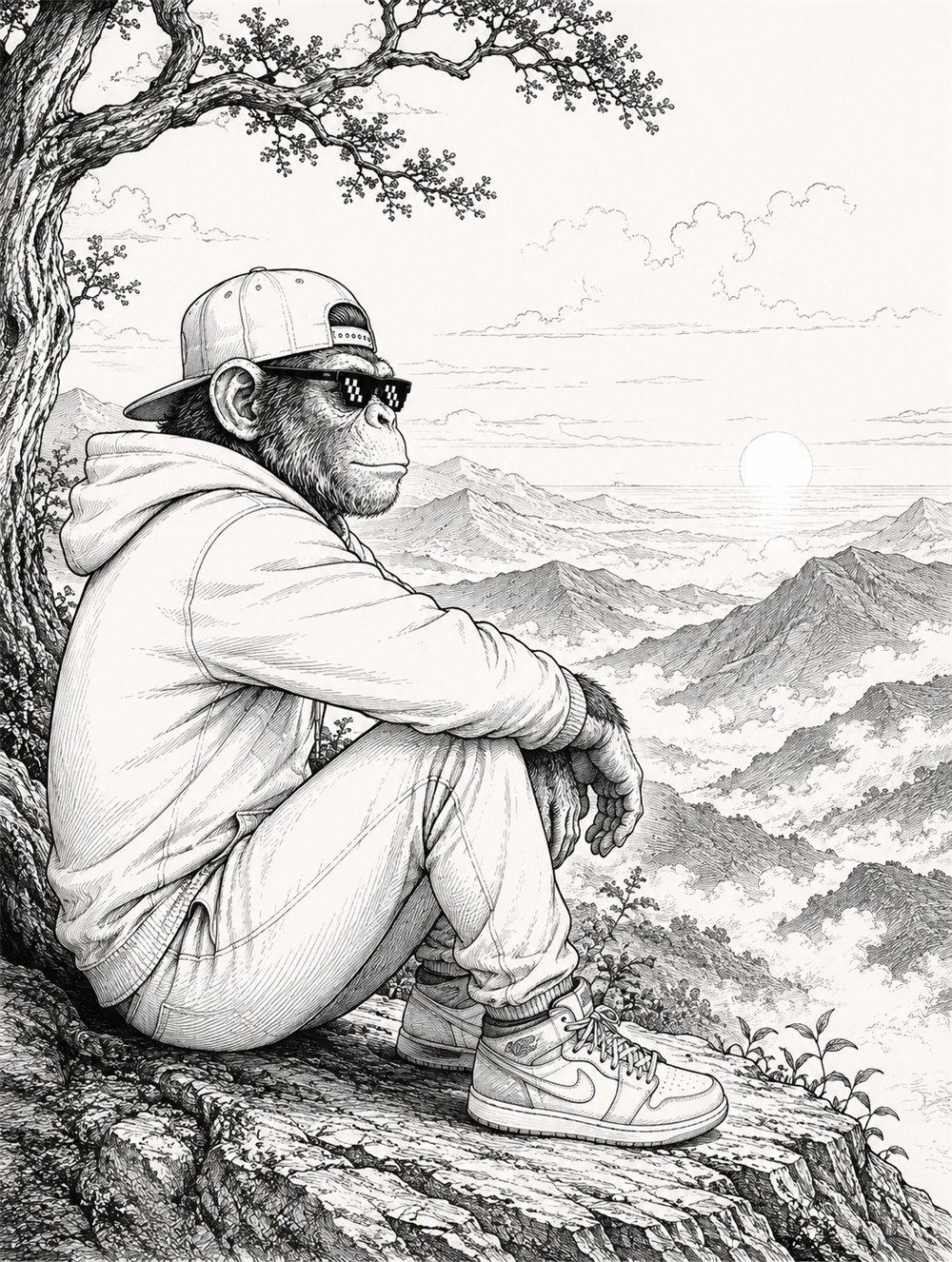 The ape resting under a tree on a cliff, looking away toward the sunset