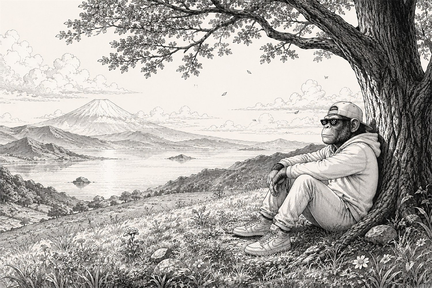 The ape resting under a tree, looking across a lake toward a distant mountain
