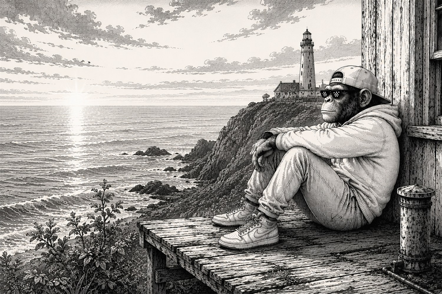The ape sitting on a deck by the sea at dusk, a lighthouse in the distance