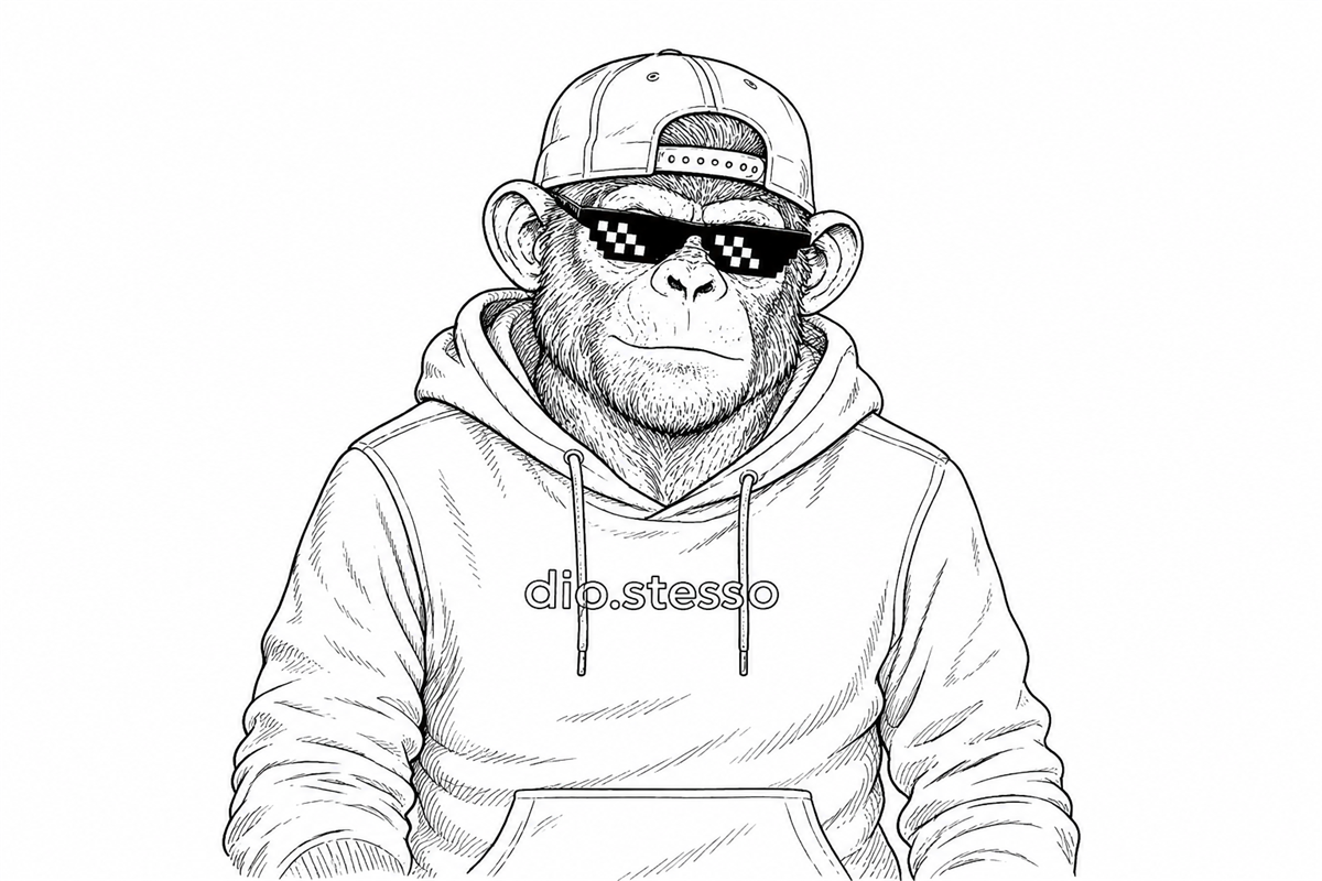 dio.stesso — a monkey in a backwards cap, pixel sunglasses and a dio.stesso hoodie